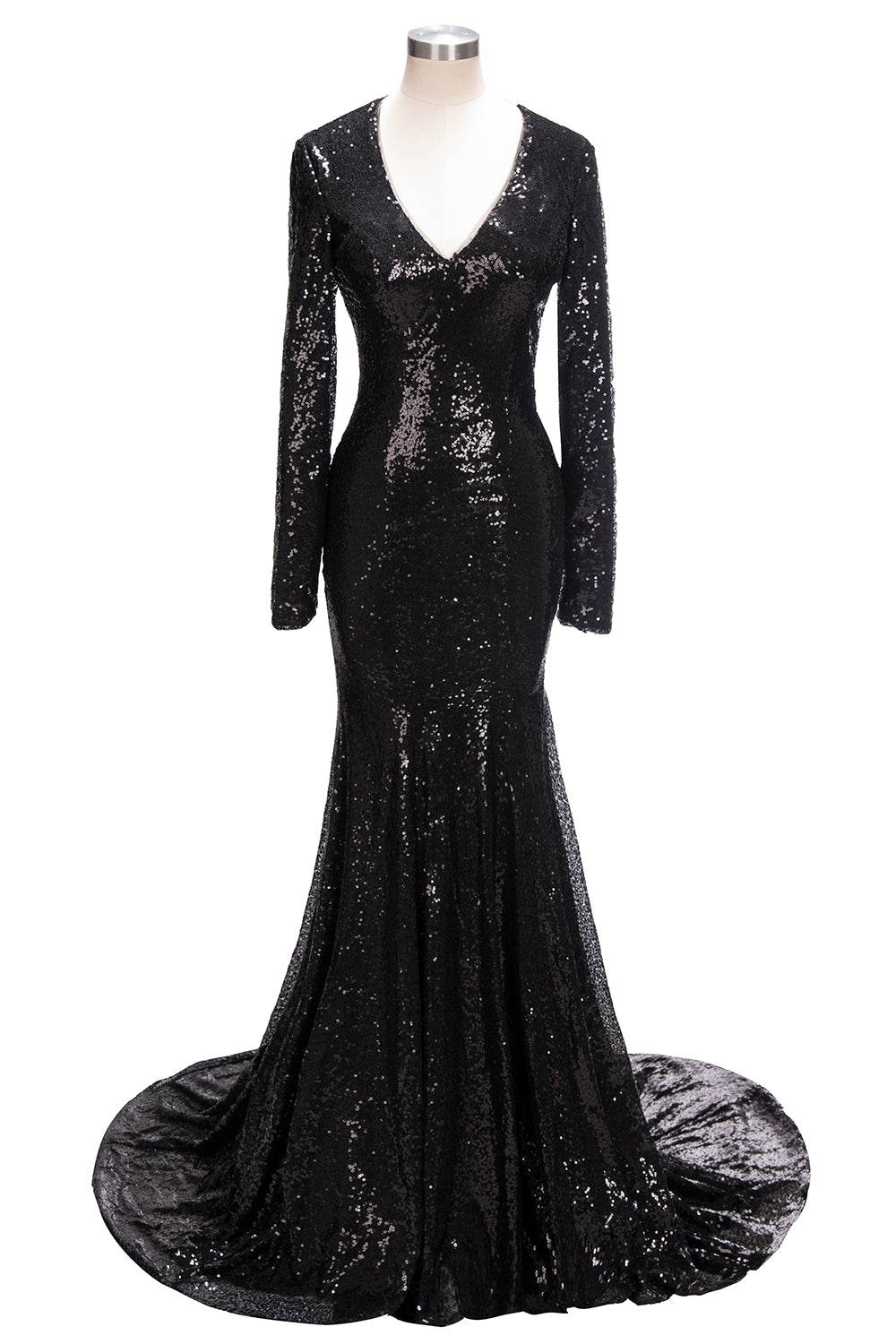 Load image into Gallery viewer, Long Mermaid V-Neck Black Sequins Prom Dresses with Sleeves-BIZTUNNEL
