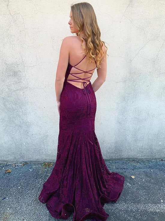 Load image into Gallery viewer, Long Mermaid V Neck Lace Backless Graduation Prom Dresses-BIZTUNNEL
