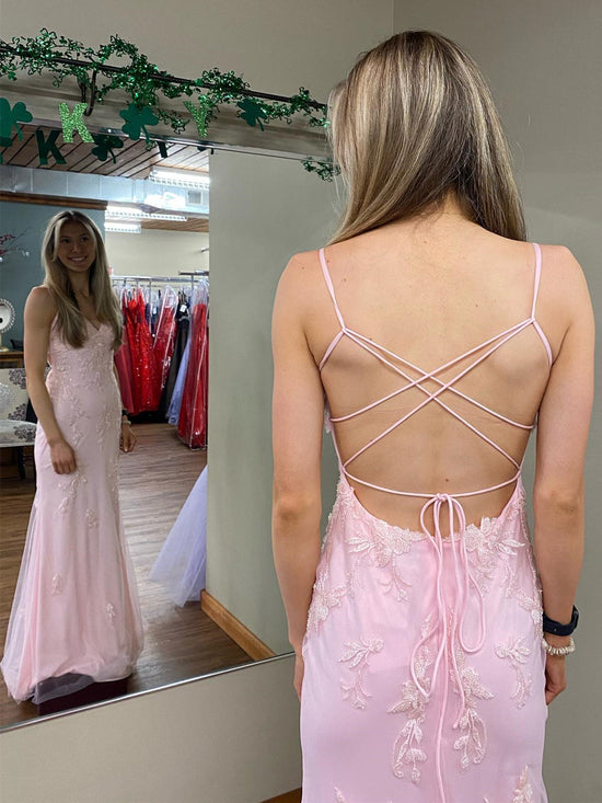 Long Mermaid V-neck Lace Backless Prom Dress Pink Formal Evening Dresses-BIZTUNNEL