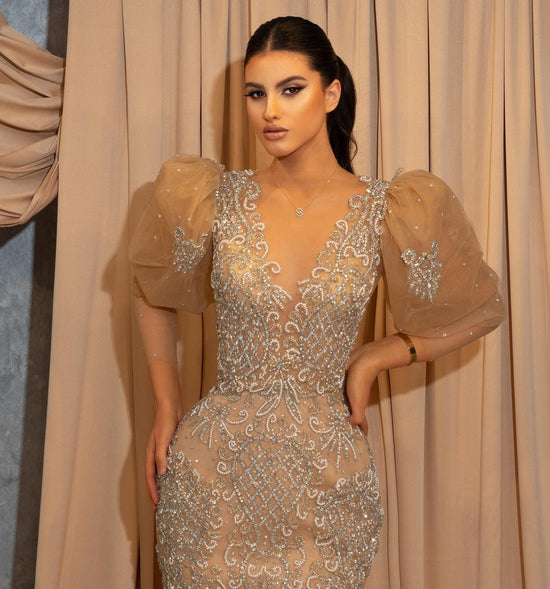 Load image into Gallery viewer, Long Mermaid V-neck Lace Prom Dress with Short Puffy Sleeves-BIZTUNNEL
