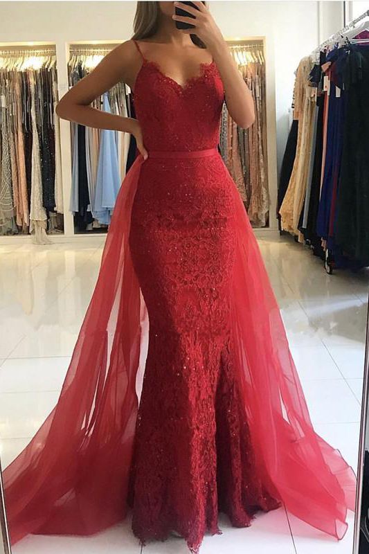 Long Mermaid V-neck Lace Prom Dress With Tulle Train-BIZTUNNEL