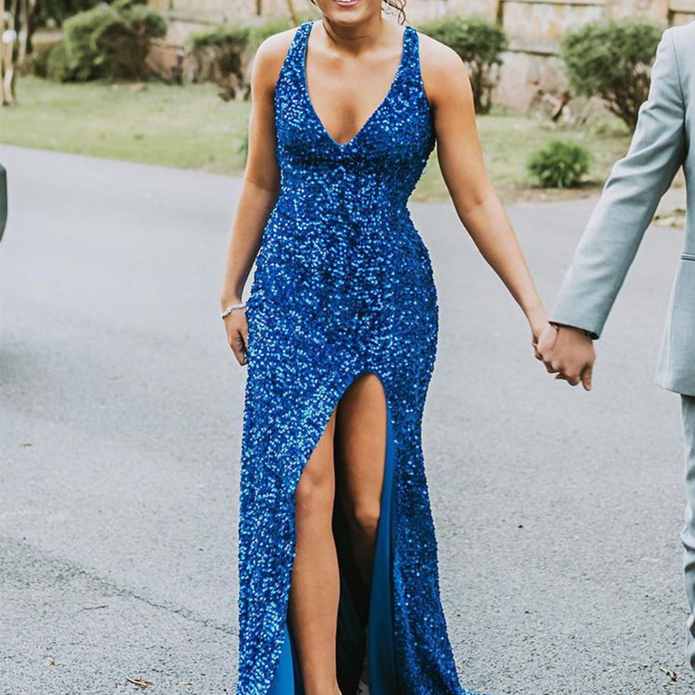 Long Mermaid V-neck Sequined Backless Prom Dress with Slit Blue Formal BIZTUNNEL Long Mermaid V-neck Sequined Backless Prom Dress with Slit Blue Formal BIZTUNNEL