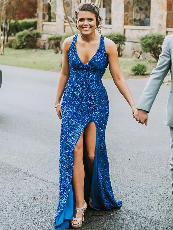 Long Mermaid V-neck Sequined Backless Prom Dress with Slit Blue Formal Evening Gowns-BIZTUNNEL