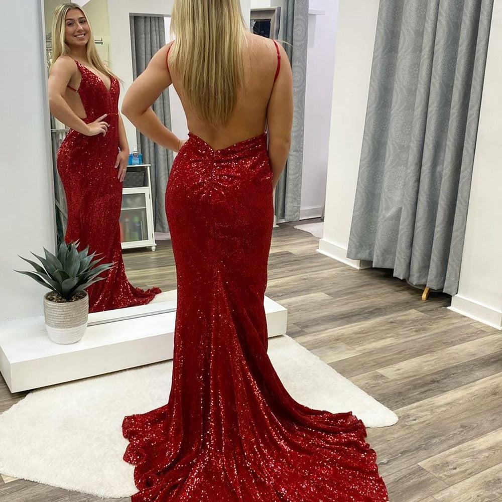 burgundy open back prom dress Mermaid Burgundy Halter V-Neck Sleeveless Backless Prom Dresses