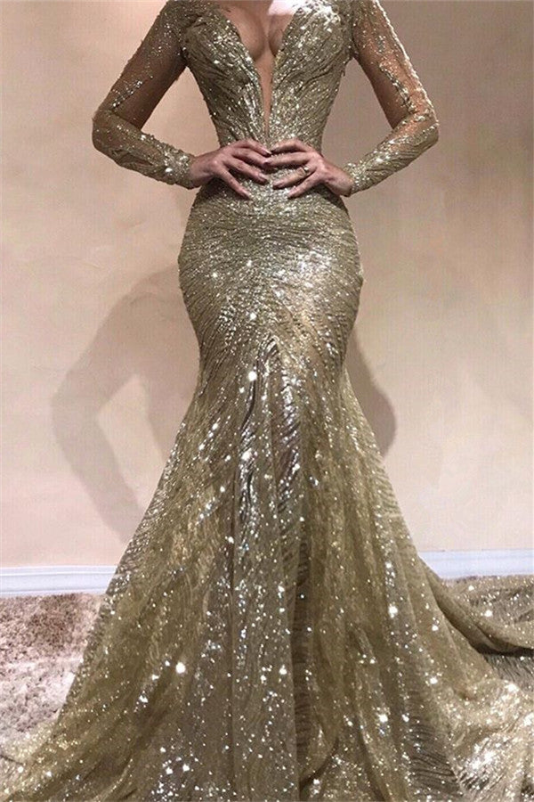 Long Mermaid V-neck Sequined Prom Dress with Sleeves-BIZTUNNEL
