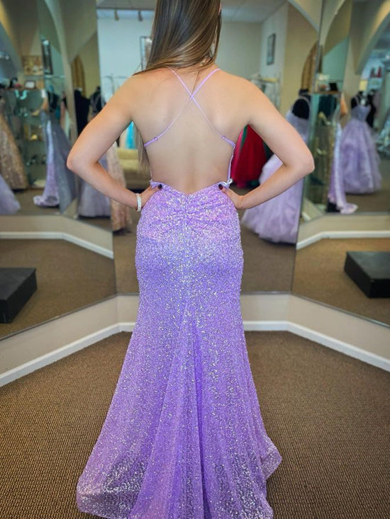 Long Mermaid V-neck Sequins Backless Prom Dress Lilac Formal Evening Dresses-BIZTUNNEL