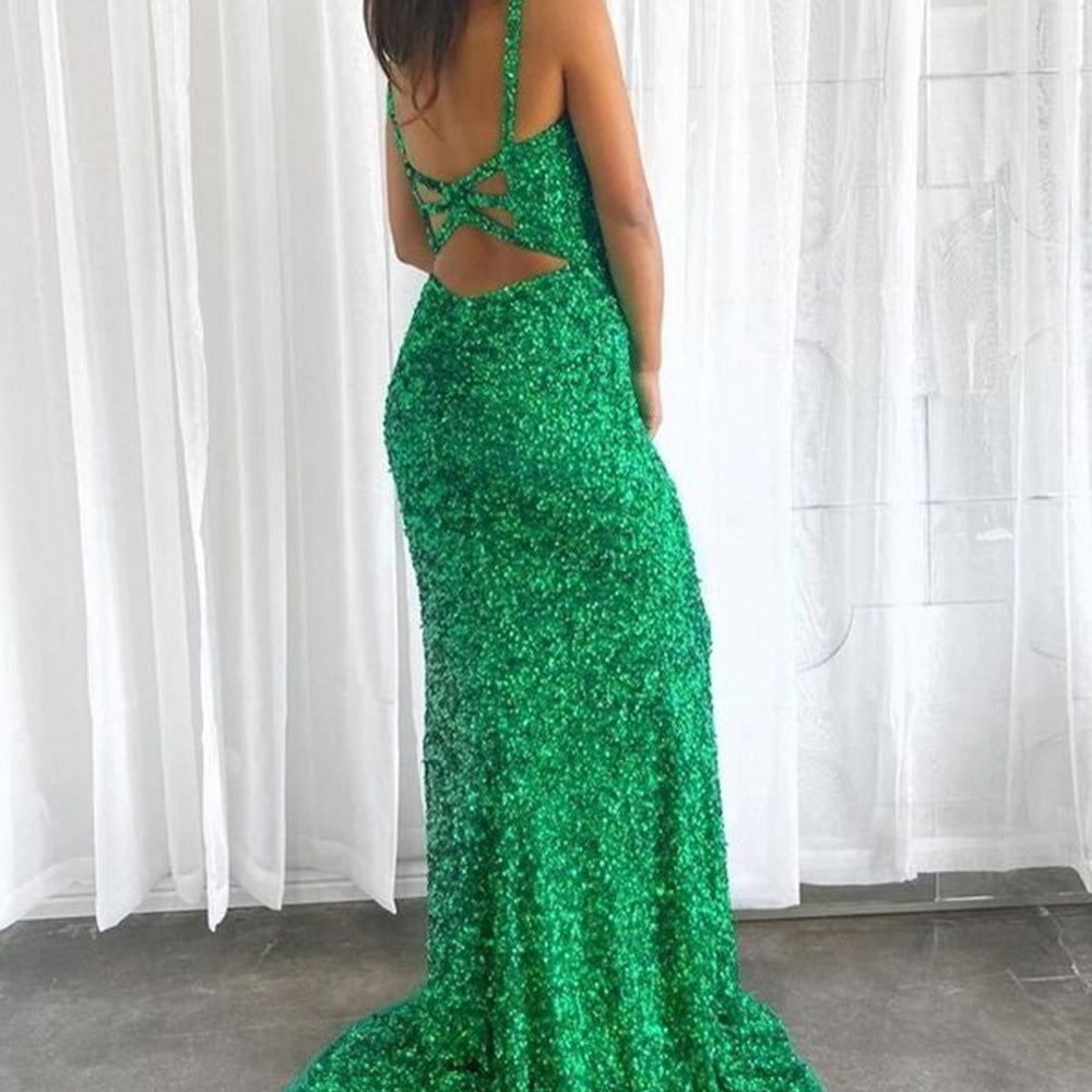 Long Mermaid V-neck Sequins Backless Prom Dress with Slit Green Formal Evening Gowns Long Mermaid V-neck Sequins Backless Prom Dress with Slit Green Formal Evening Gowns