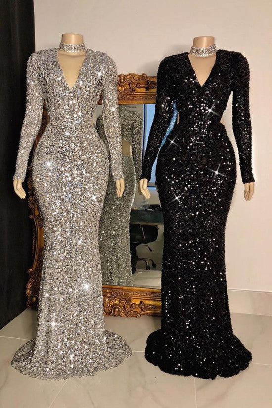 Long Mermaid V-neck Sequins Prom Dresses with Sleeves-BIZTUNNEL