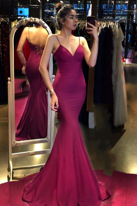 Load image into Gallery viewer, Long Mermaid V-neck Spaghetti Straps Backless Prom Dress-BIZTUNNEL
