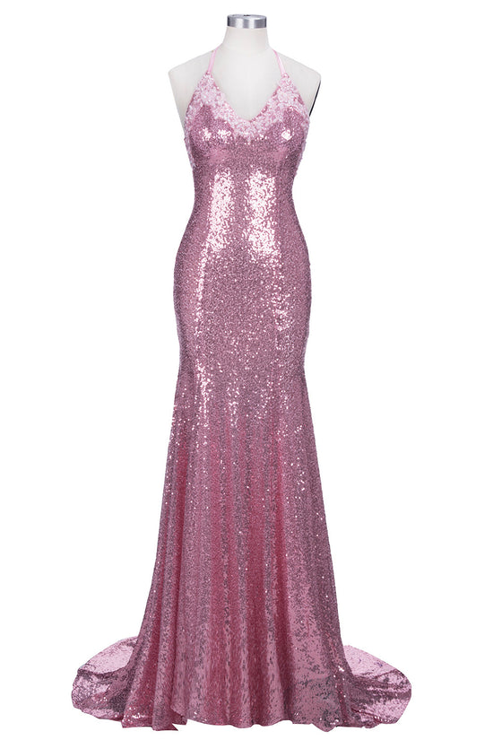 Long Mermaid V-neck Spaghetti Straps Pink Sequined Backless Prom Dress-BIZTUNNEL