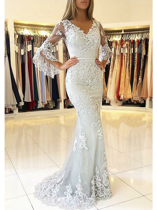 Charger l&amp;#39;image dans la galerie, Long Mermaid V Neck Sweep Brush Train Lace Tulle Prom Dress with Sleeves-BIZTUNNEL
