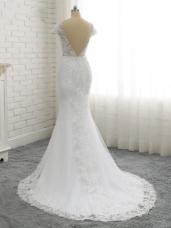 Lace V-neck Sleeveless Mermaid Backless Wedding Dresses with Tulle Detachable Skirt, FC2062
