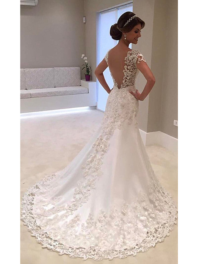 Luxury Long Mermaid V-neck Tulle Floral Lace Evening Formal Dresses with Sleeves main image 1