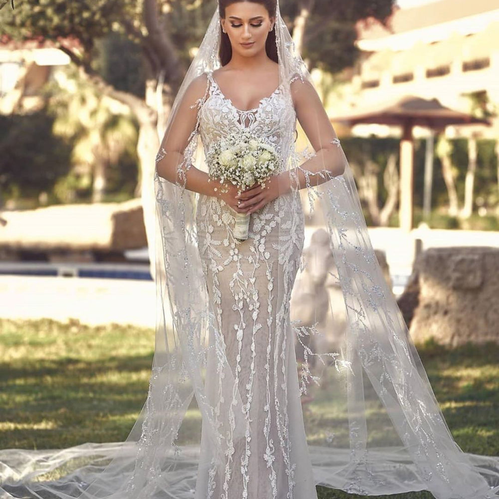 
                  
                    Long Mermaid V-neck Tulle Lace Wedding Dress with Detachable Train-BIZTUNNEL
                  
                