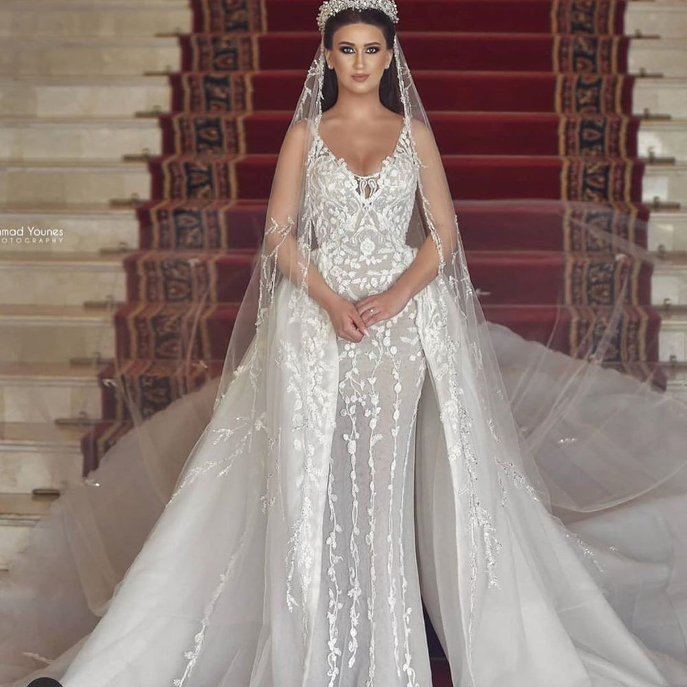 
                  
                    Long Mermaid V-neck Tulle Lace Wedding Dress with Detachable Train-BIZTUNNEL
                  
                