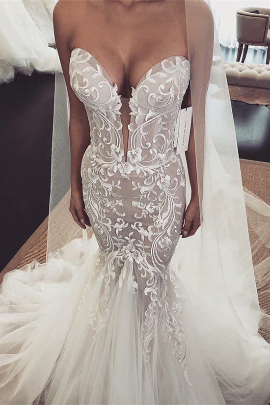 Long Mermaid V-neck Tulle Lace Wedding Dresses-BIZTUNNEL
