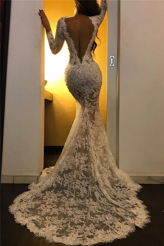 Load image into Gallery viewer, Long Mermaid V-neck Tulle Lace White Prom Dress with Slit-BIZTUNNEL
