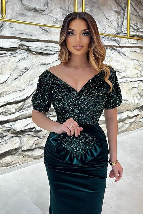 Long Mermaid V-neck Velvet Glitter Prom Dress with Sleeves Long Mermaid V-neck Velvet Glitter Prom Dress with Sleeves