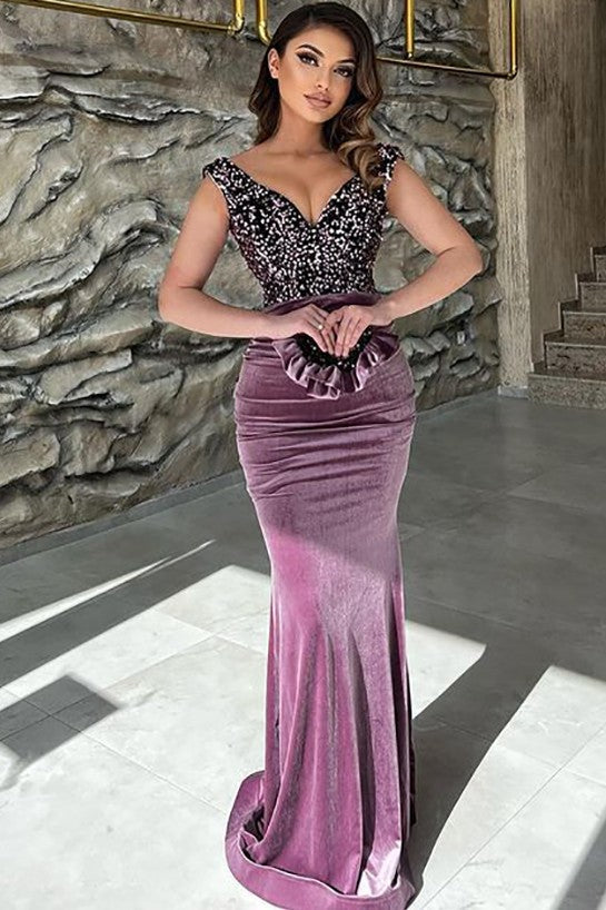Long Mermaid V-neck Velvet Prom Dress with Glitter-BIZTUNNEL