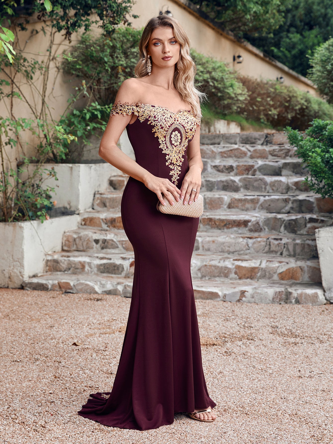 Long Off-the-Shoulder Gold Appliques Floor Length Mermaid Evening Dres BIZTUNNEL Long Off-the-Shoulder Gold Appliques Floor Length Mermaid Evening Dres BIZTUNNEL