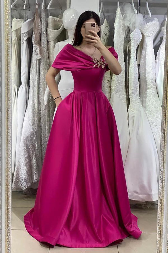 Long Off-the-shoulder Satin A-line Prom Dress with Pockets-BIZTUNNEL