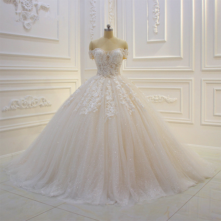 Carregar imagem no visualizador da galeria, Long Off the Shoulder Sweetheart Ball Gown Sequin Appliques Lace Wedding Dress-BIZTUNNEL

