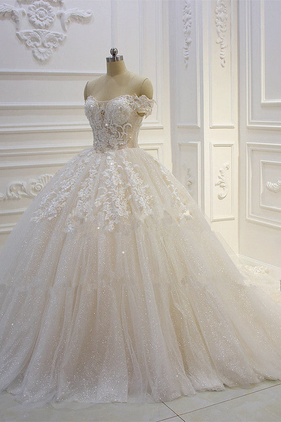 Carregar imagem no visualizador da galeria, Long Off the Shoulder Sweetheart Ball Gown Sequin Appliques Lace Wedding Dress-BIZTUNNEL
