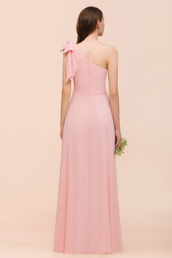 Long One Shoulder A-Line Chiffon Pink Bridesmaid Dress With Bowknot-BIZTUNNEL