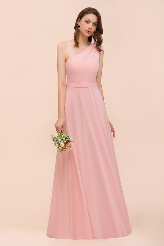 Long One Shoulder A-Line Chiffon Pink Bridesmaid Dress With Bowknot-BIZTUNNEL