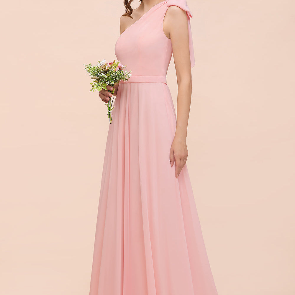 Long One Shoulder A-Line Chiffon Pink Bridesmaid Dress With Bowknot BIZTUNNEL Long One Shoulder A-Line Chiffon Pink Bridesmaid Dress With Bowknot BIZTUNNEL