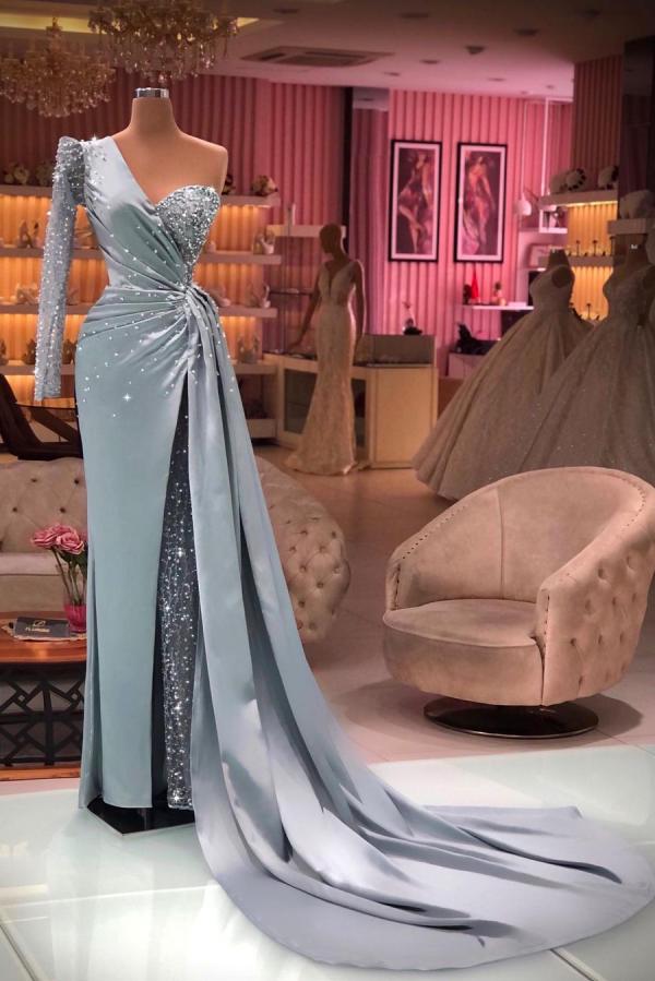 Carregar imagem no visualizador da galeria, Long One Shoulder Sequins Mermaid Prom Dress with Sleeves-BIZTUNNEL
