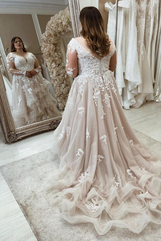 Charger l&amp;#39;image dans la galerie, Long Plus Size A-Line Sweetheart Tulle Wedding Dresses with Lace Sleeves-BIZTUNNEL
