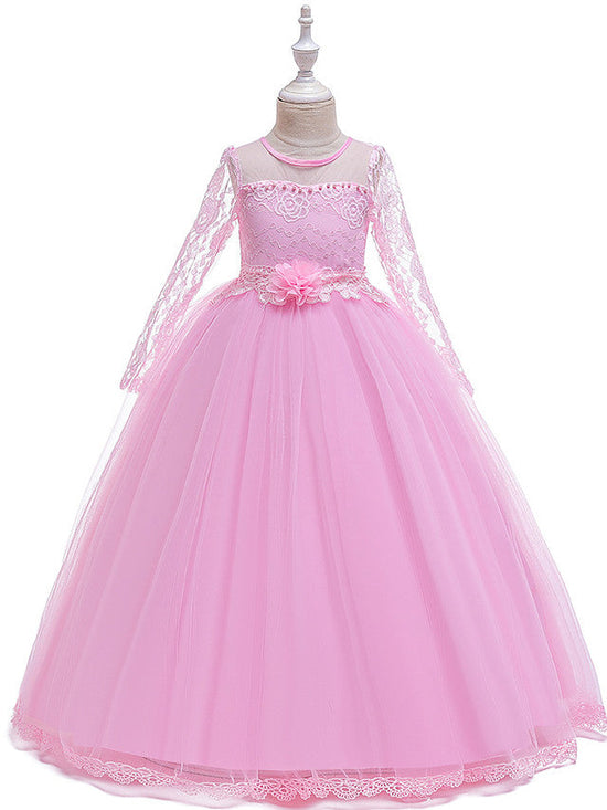 Long Sleeves Floor Length  Round Neck A-Line/Princess Girl Party Dress with Bow main image 1