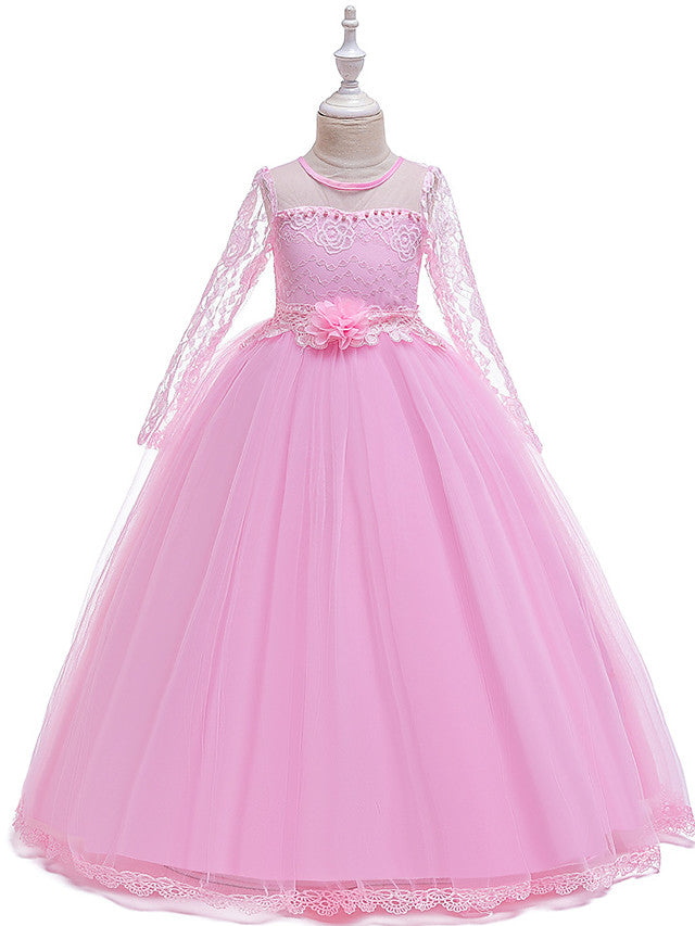 Long Princess Jewel Neck Party Pageant Flower Girl Dresses with Sleeves-BIZTUNNEL