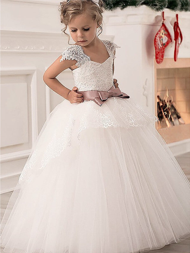 Tulle Satin White Lace Princess Flower Girl Dress