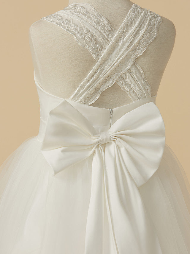 Long Princess Lace Satin Tulle Sleeveless Wedding First Communion Flower Girl Dresses-BIZTUNNEL