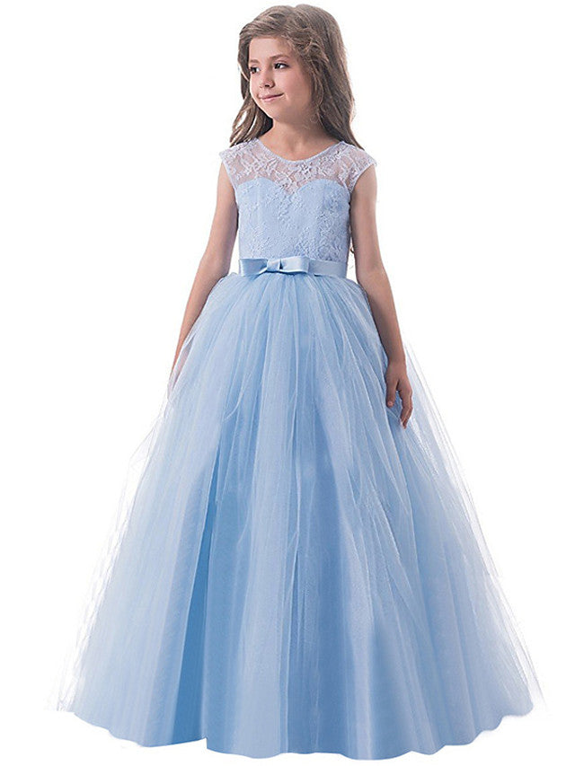 Charger l&amp;#39;image dans la galerie, Long Princess Lace Tulle Jewel Neck Party Birthday Pageant Flower Girl Dresses-BIZTUNNEL
