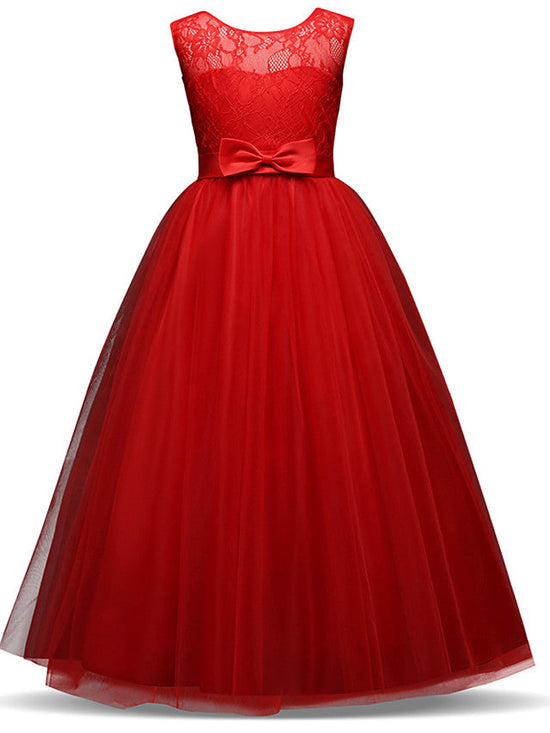 Lace Tulle Princess Maxi Flower Girl Dress with Jewel Neck and Bow Paillette
