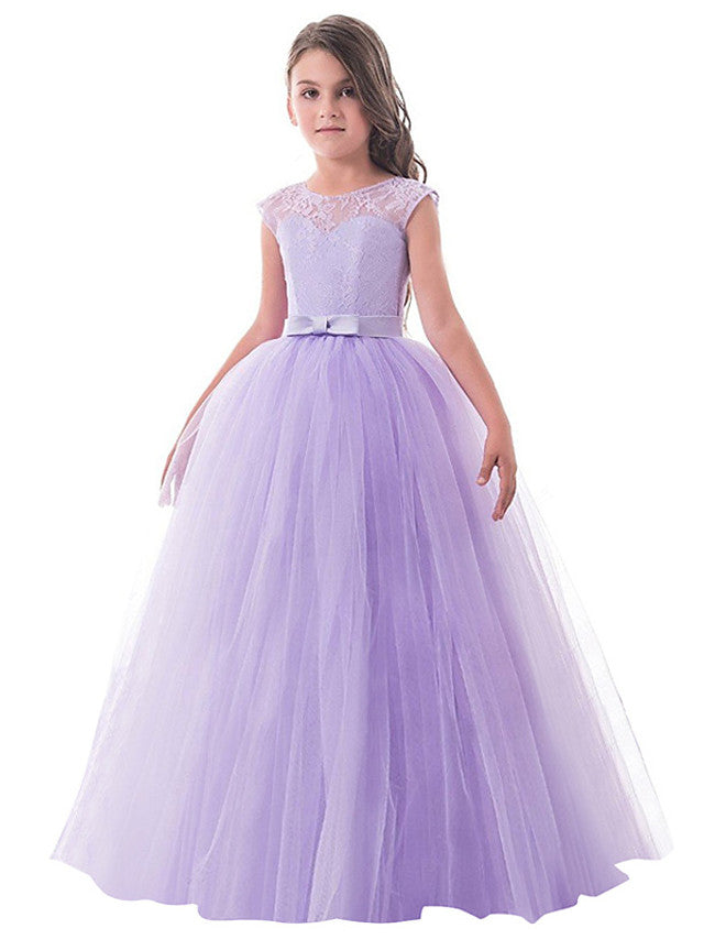 Charger l&amp;#39;image dans la galerie, Long Princess Lace Tulle Jewel Neck Party Birthday Pageant Flower Girl Dresses-BIZTUNNEL
