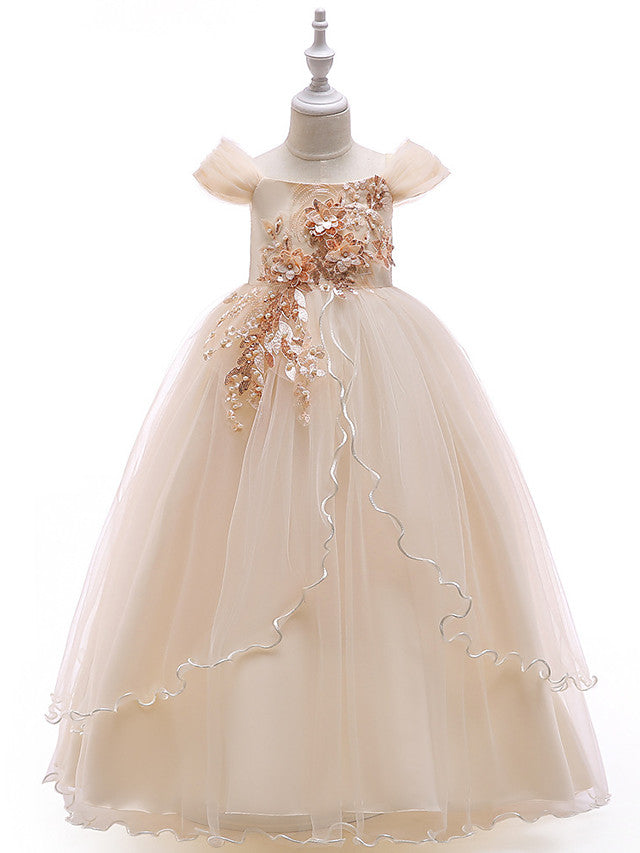 Long Princess Off The Shoulder Tulle Party Pageant Flower Girl Dresses with Sleeves-BIZTUNNEL