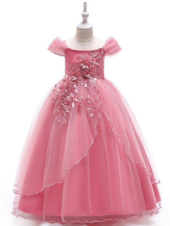 Long Princess Off The Shoulder Tulle Party Pageant Flower Girl Dresses with Sleeves-BIZTUNNEL