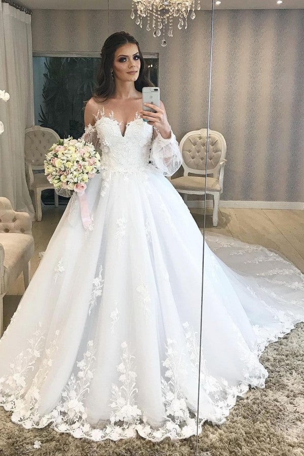 Long Sleeves Off-the-Shoulder Lace Applique Princess Tulle Floral Wedding Dress main image 1