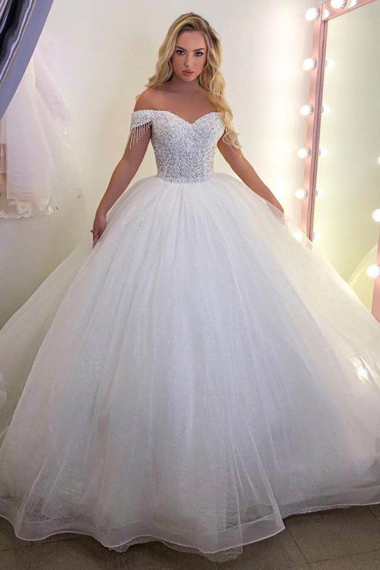 Carregar imagem no visualizador da galeria, Long Princess off-the-shoulder Tulle Wedding Dress-BIZTUNNEL
