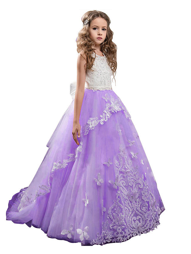 Charger l&amp;#39;image dans la galerie, Long Princess Pageant Lace Tulle Sleeveless Jewel Neck Flower Girl Dresses-BIZTUNNEL
