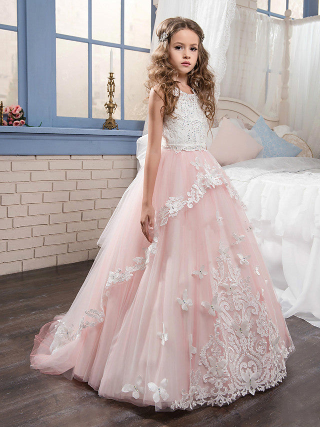 Long Princess Pageant Lace Tulle Sleeveless Jewel Neck Flower Girl Dresses-BIZTUNNEL