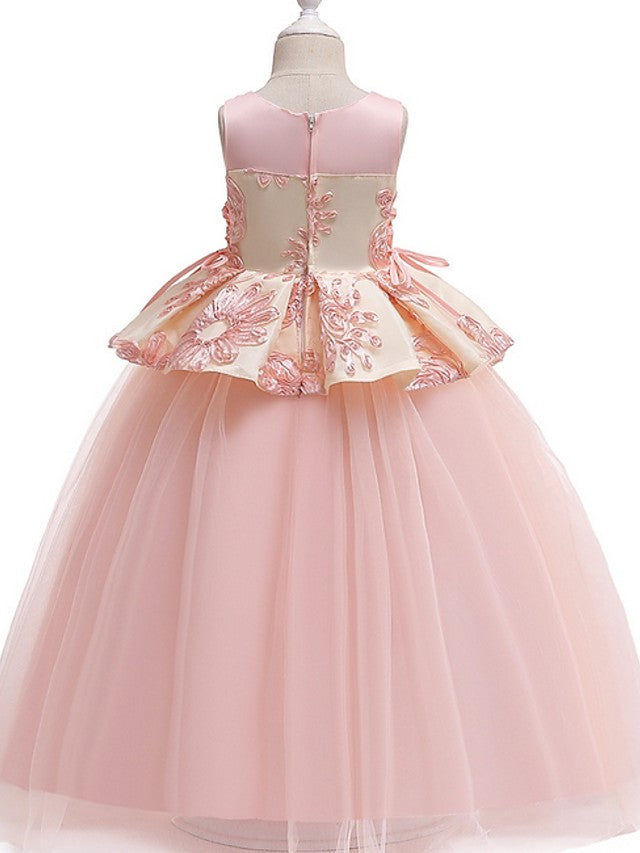 Long Princess Round Cotton Tulle Flower Girl Dresses-BIZTUNNEL