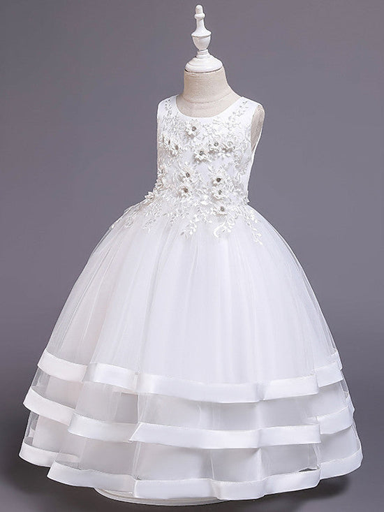 Long Princess Satin Tulle Jewel Neck Wedding Party Pageant Flower Girl Dresses-BIZTUNNEL