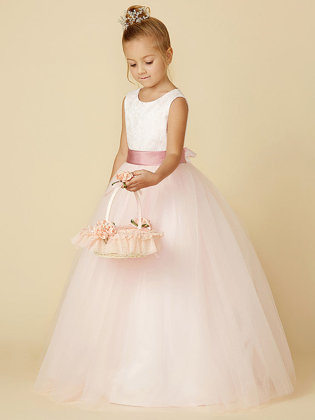 Long Princess Satin Tulle Wedding Birthday Pageant Flower Girl Dresses-BIZTUNNEL