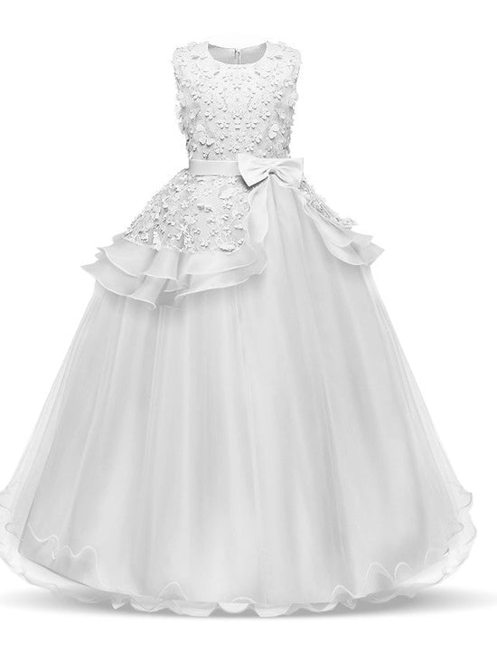 Long Princess Satin Tulle Wedding First Communion Flower Girl Dresses-BIZTUNNEL