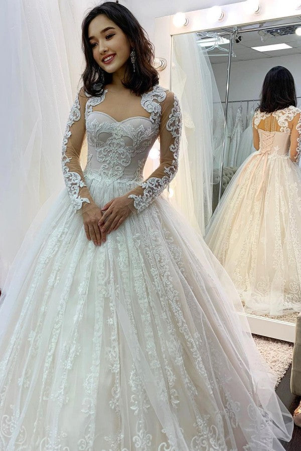Long Princess Sweetheart Appliques Lace Backless Tulle Wedding Dress with Sleeves-BIZTUNNEL